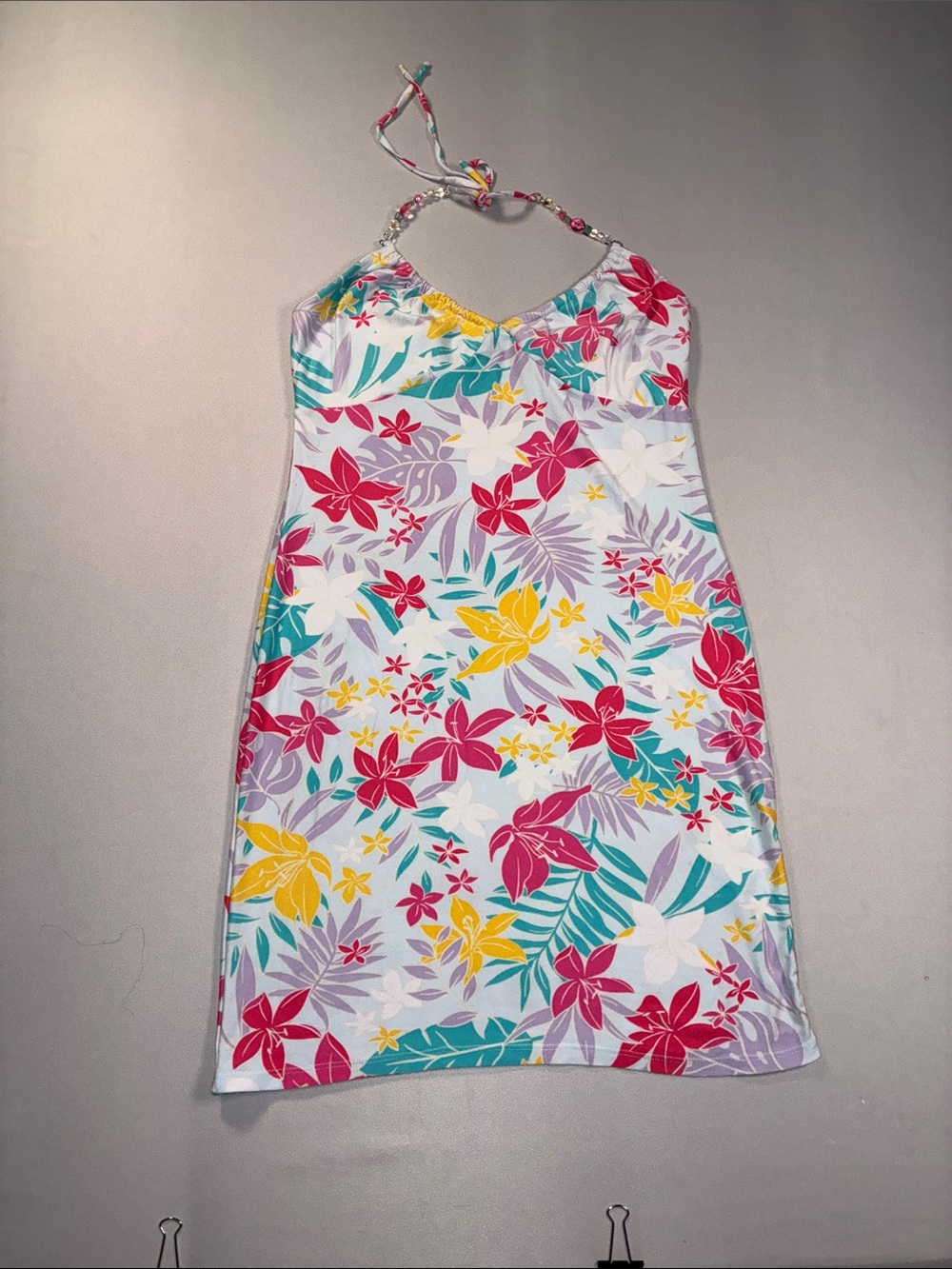 No Boundaries White Floral Halter Dress with Pink, Yellow & Teal Accents